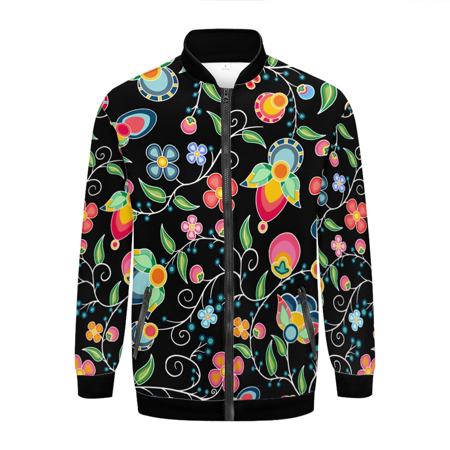 Floral Bounty Black Zippered Collared Lightweight Jacket