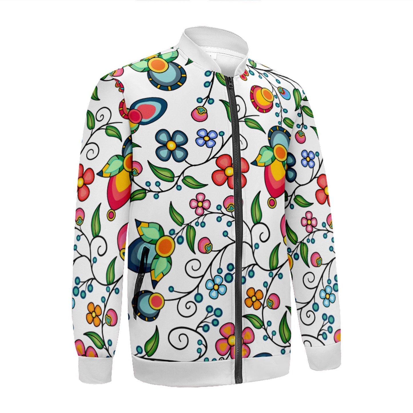 Floral Bounty White Zippered Collared Lightweight Jacket