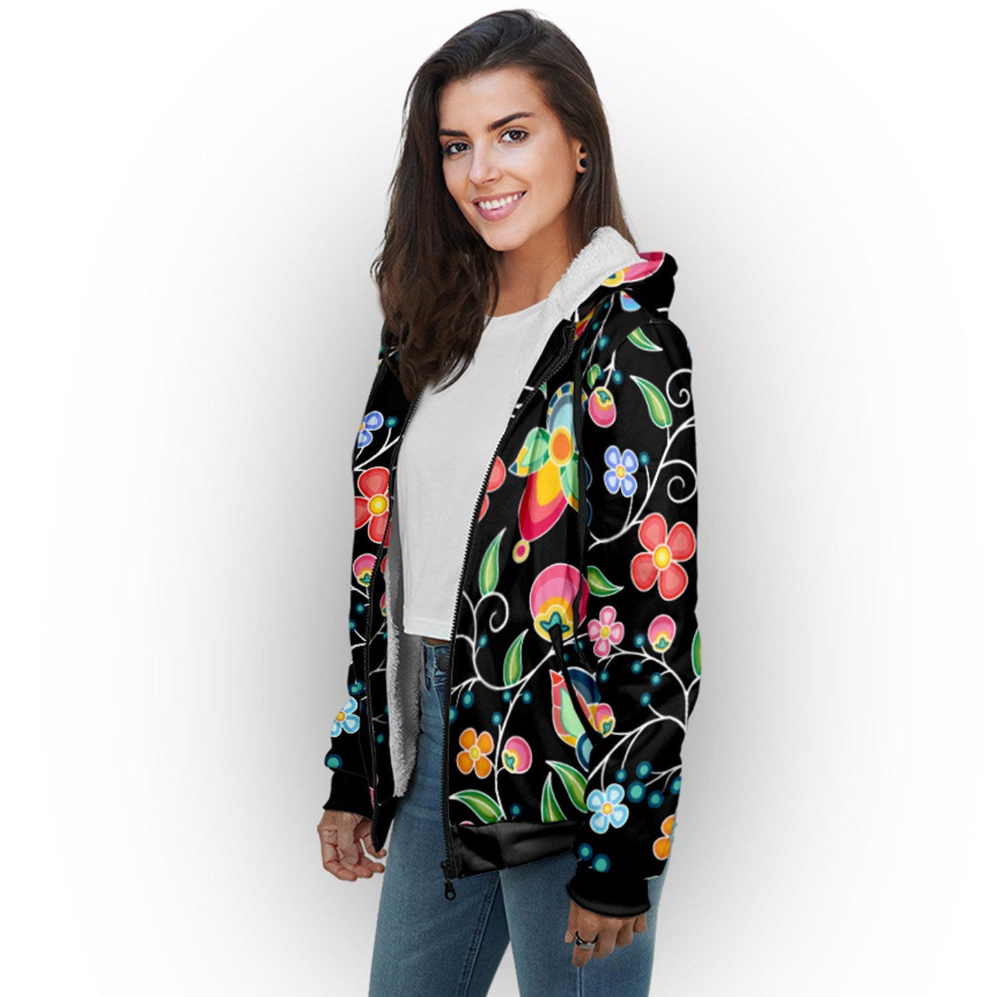 Floral Bounty Black Sherpa Hoodie