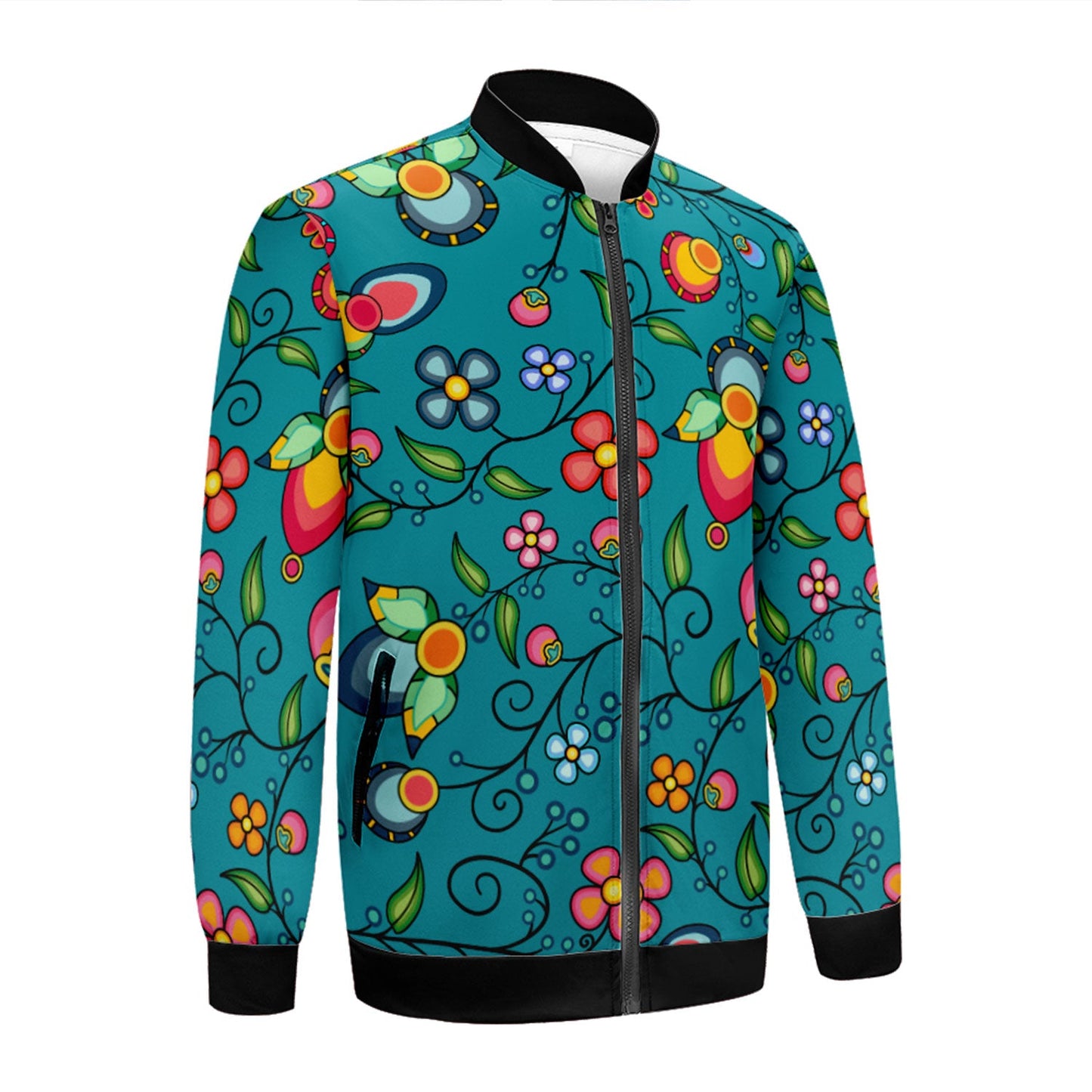 Floral Bounty Teal Zippered Collared Lightweight Jacket