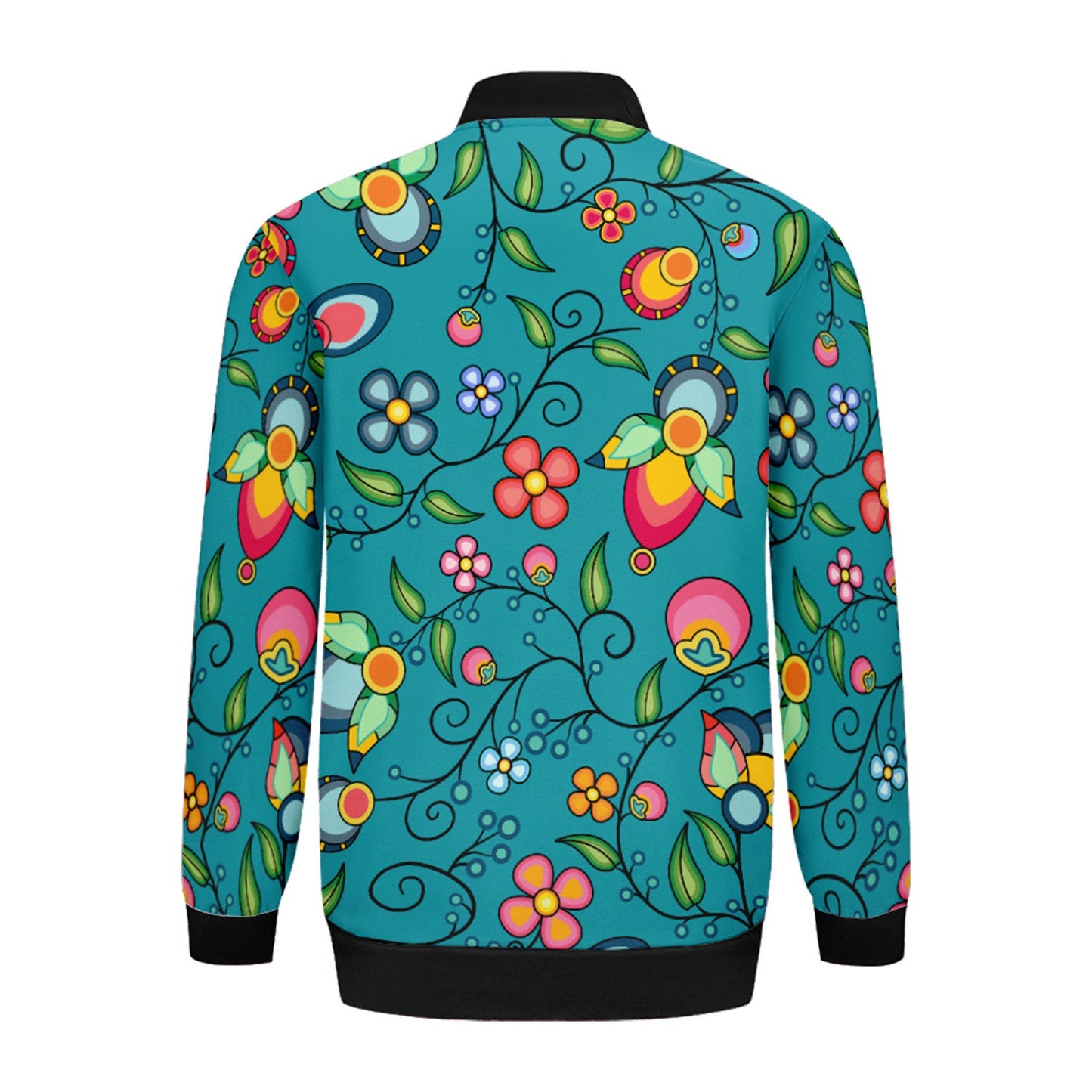 Floral Bounty Teal Zippered Collared Lightweight Jacket