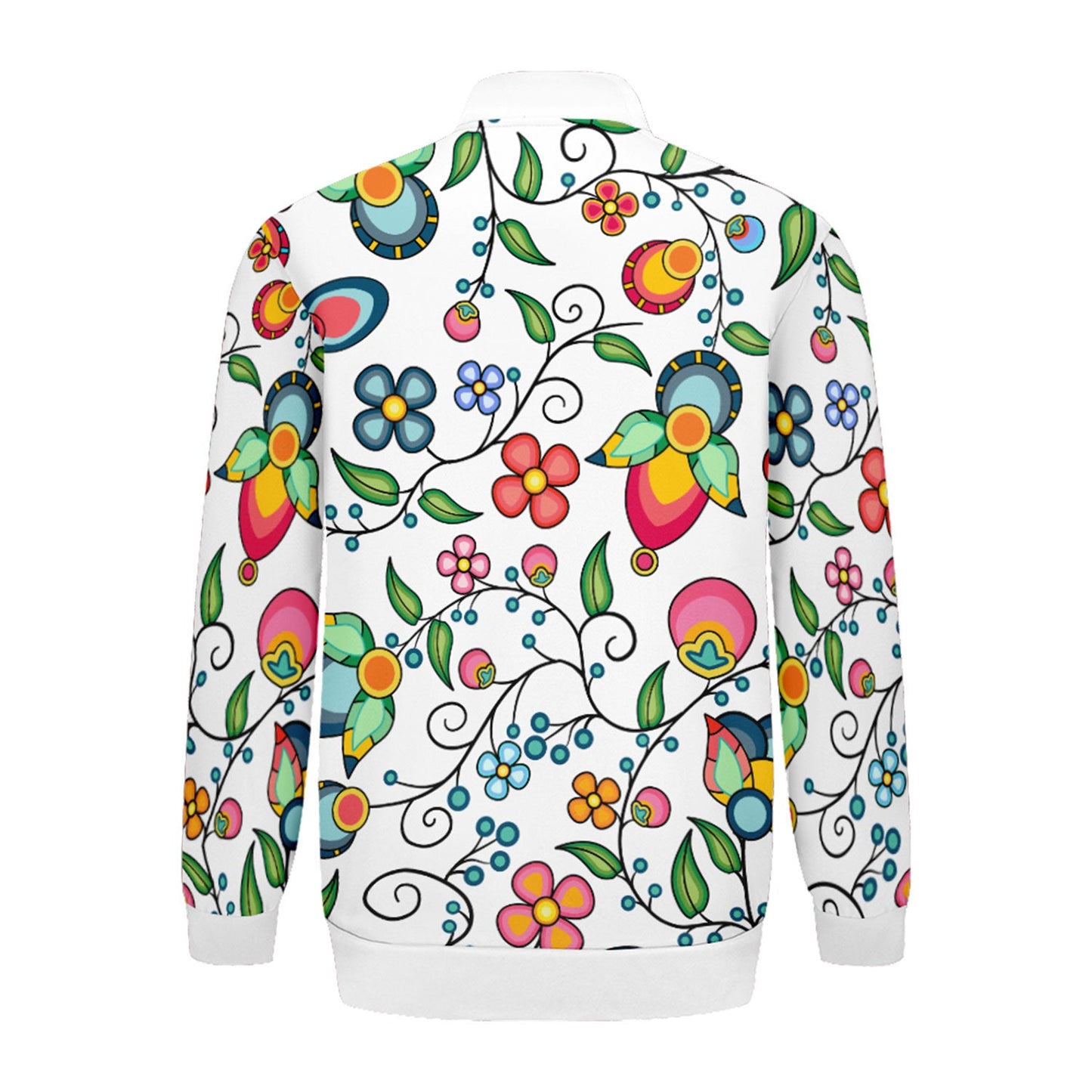 Floral Bounty White Zippered Collared Lightweight Jacket