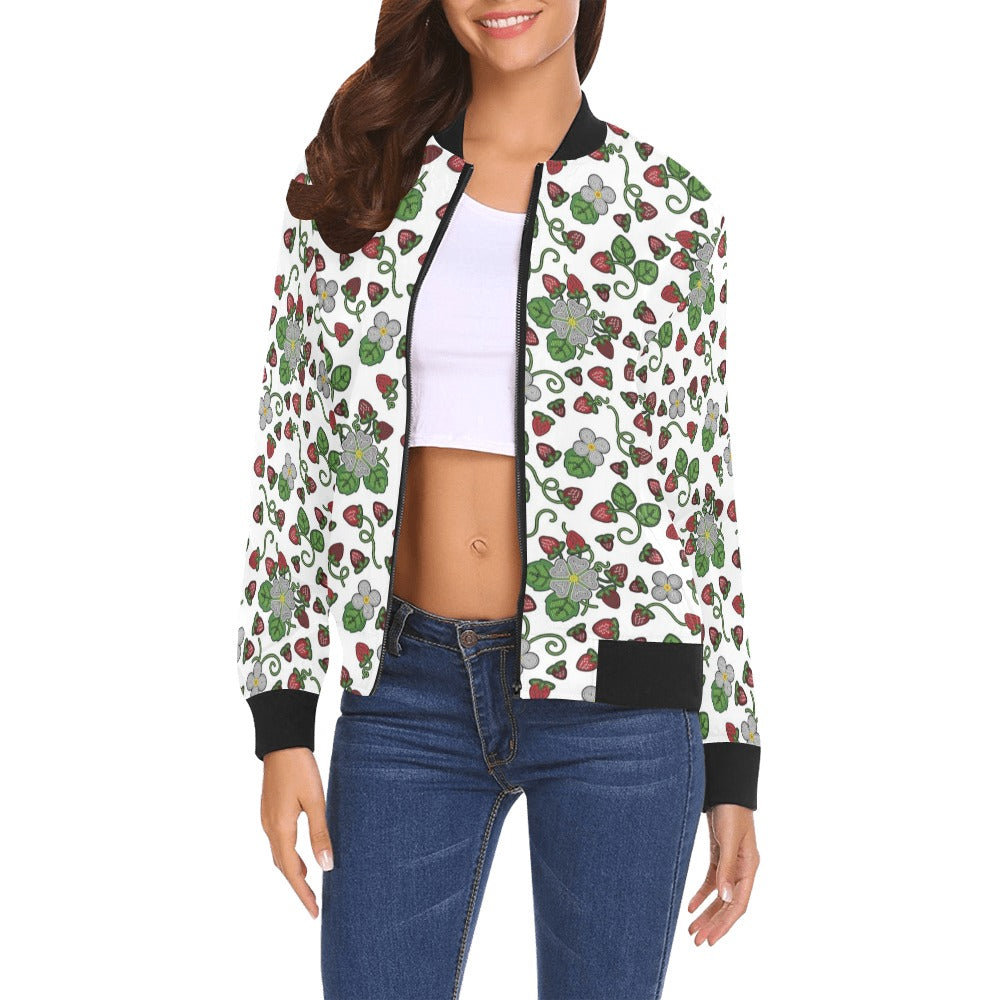 Strawberry Dreams White Bomber Jacket for Women