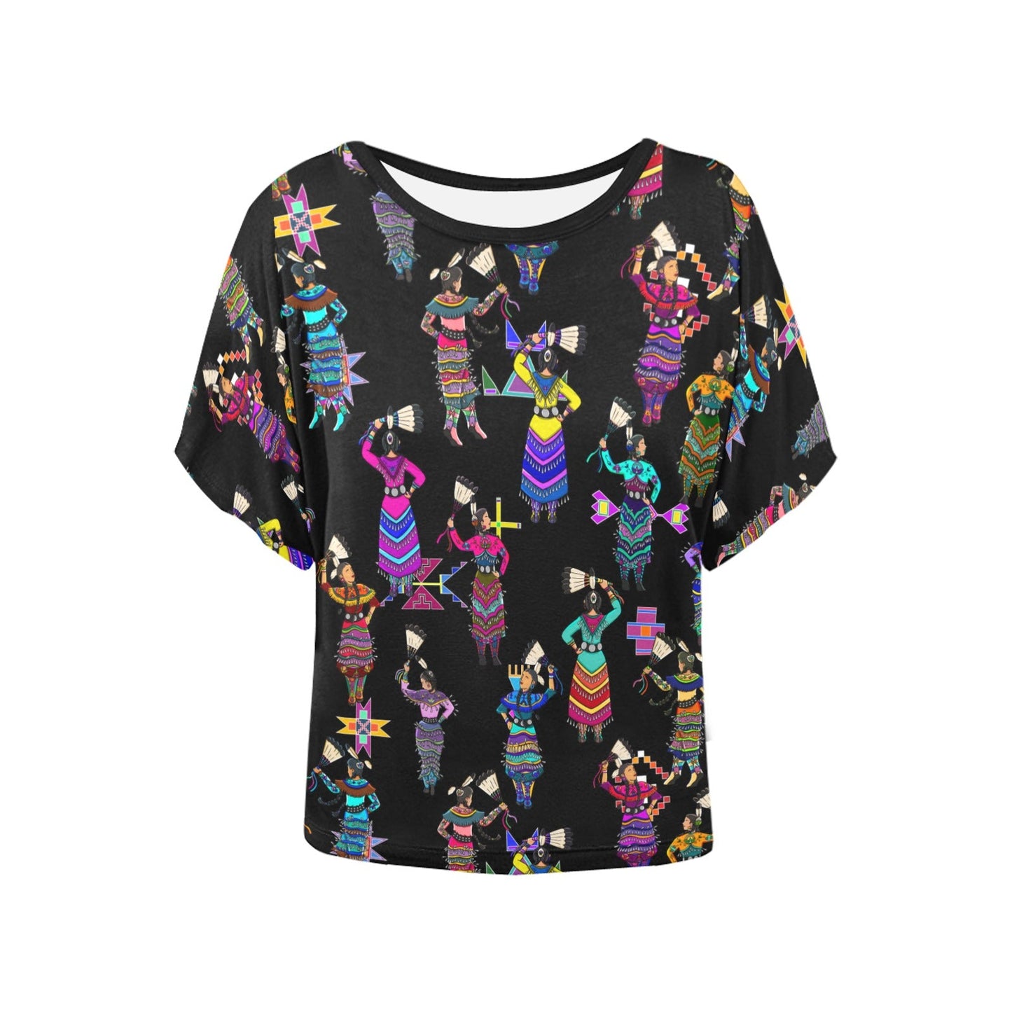 Women's Jingle Dancers Black Women's Batwing-Sleeved Blouse T shirt