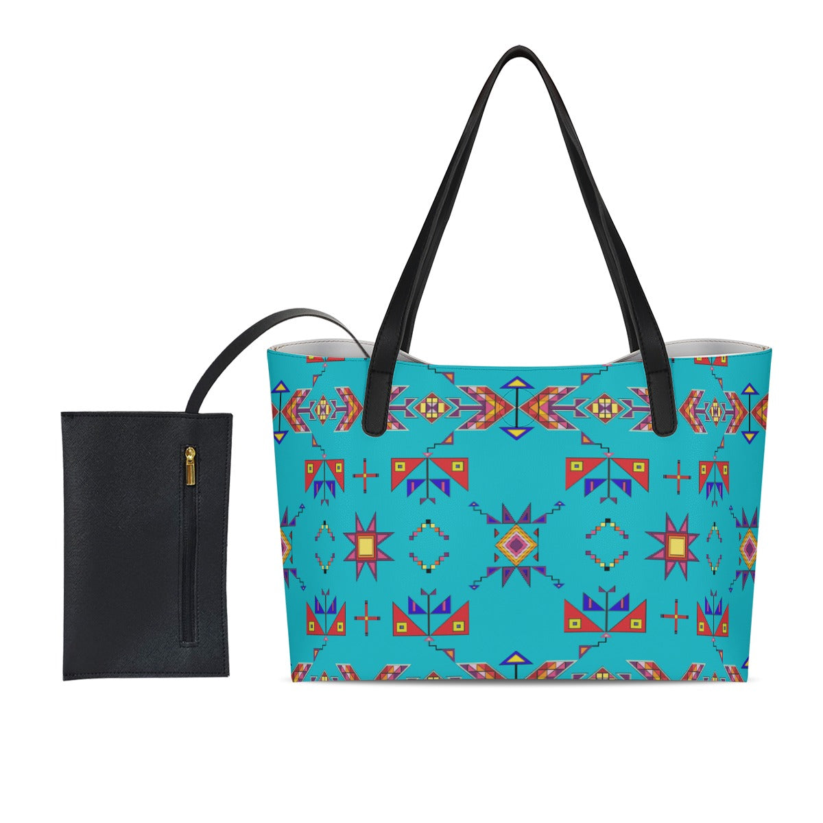 Scattered Generations Turquoise Shopping Tote Bag With Black Mini Purse