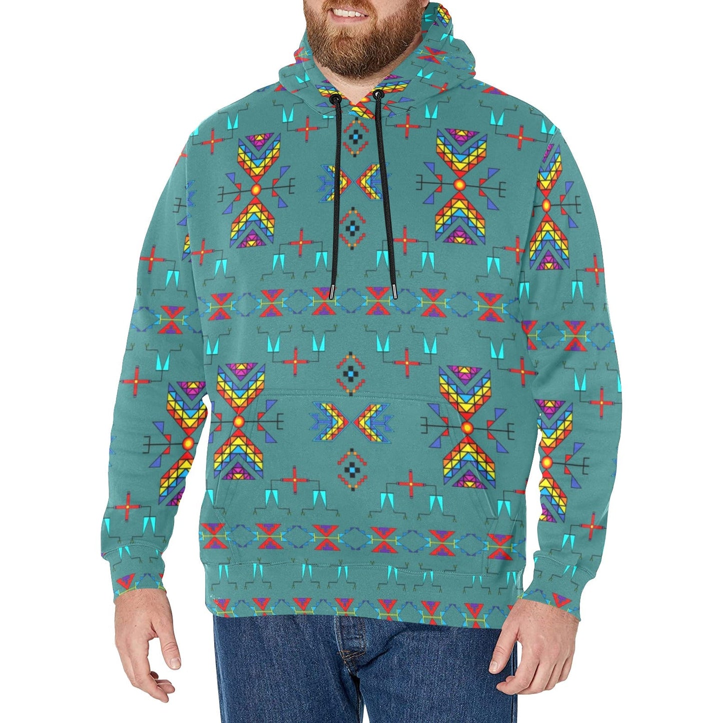 Rainy Chief Rainbow Teal Sky Men's Long Sleeve Fleece Hoodie