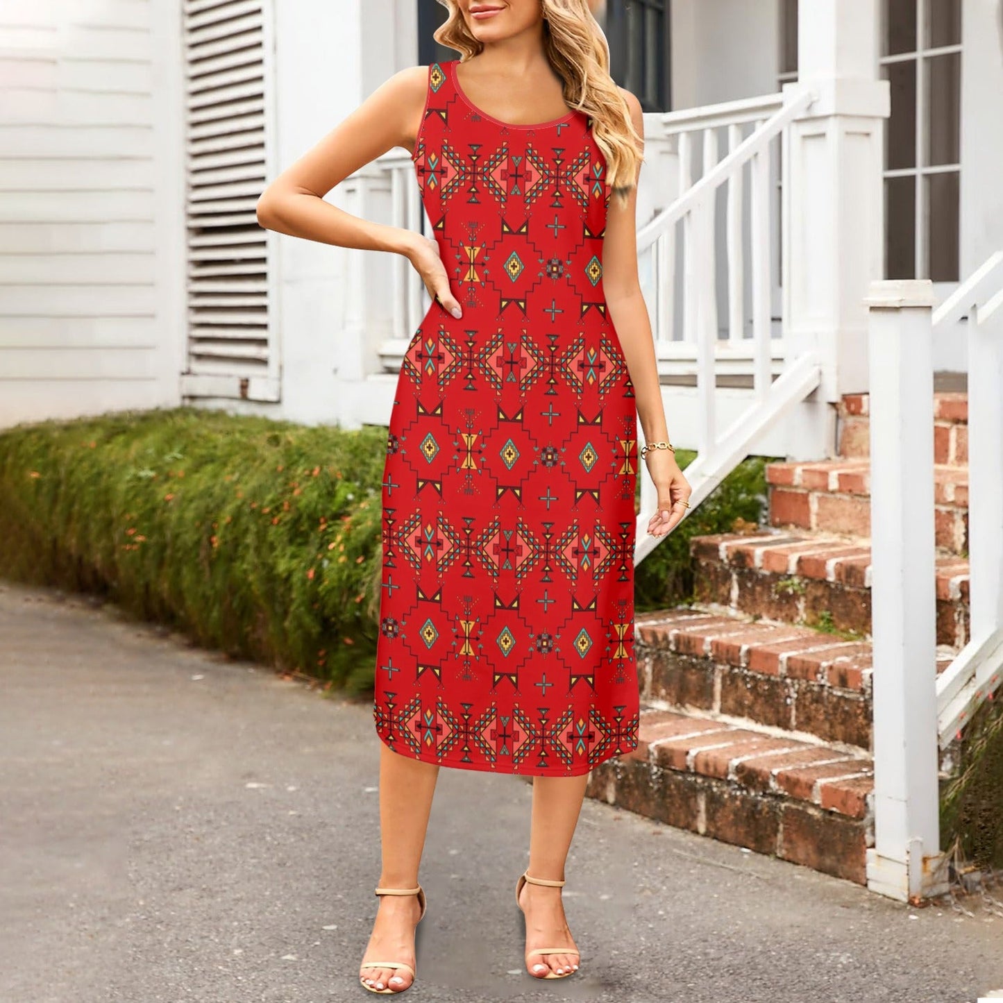 Thunder Flight Red Phaedra Sleeveless Open Fork Long Dress