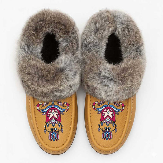 Northern Ember Tan Leather Mottled Fur Moccasin
