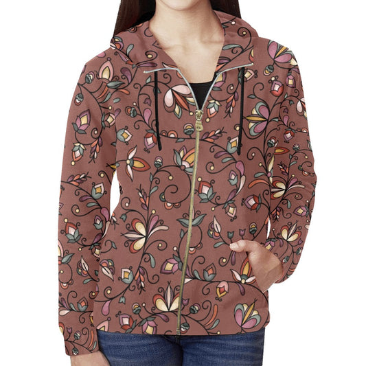 Burnt Sky Petals Brown Full Zip Hoodie for Women