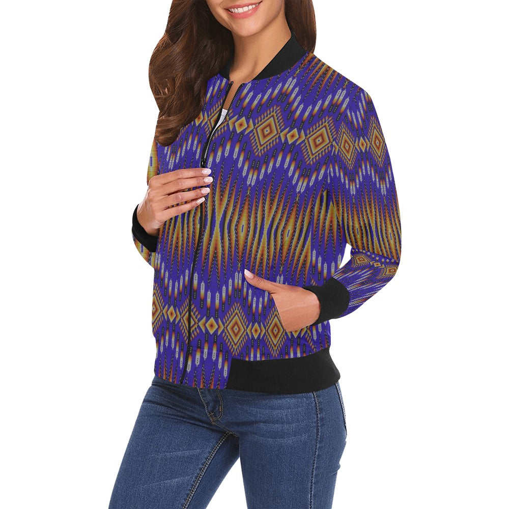 Fire Feather Blue Bomber Jacket for Women