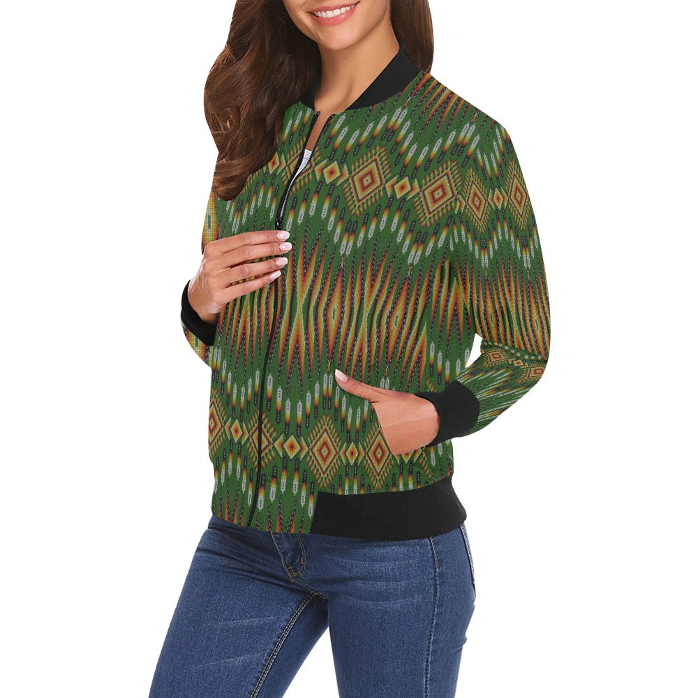 Fire Feather Green Bomber Jacket for Women