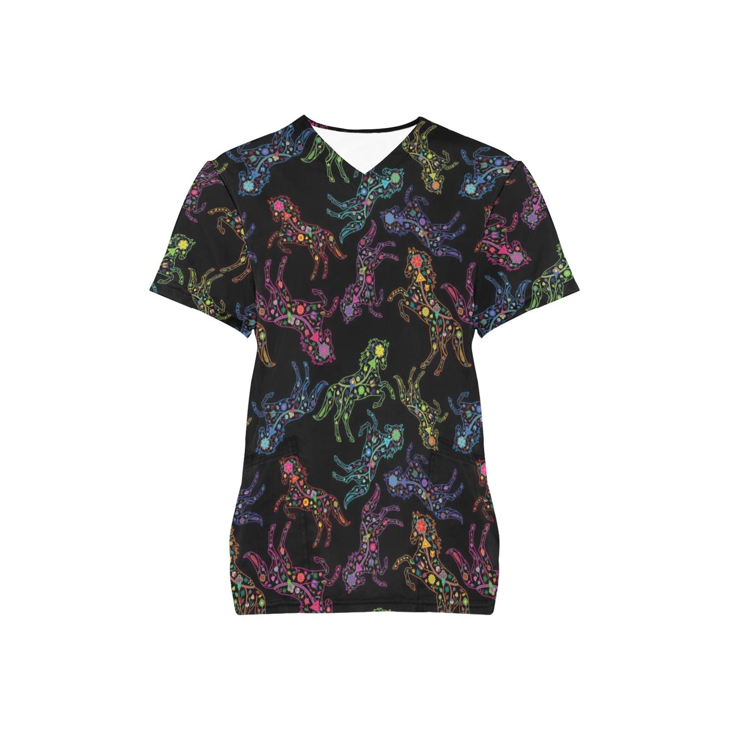 Neon Floral Horses Scrub Top