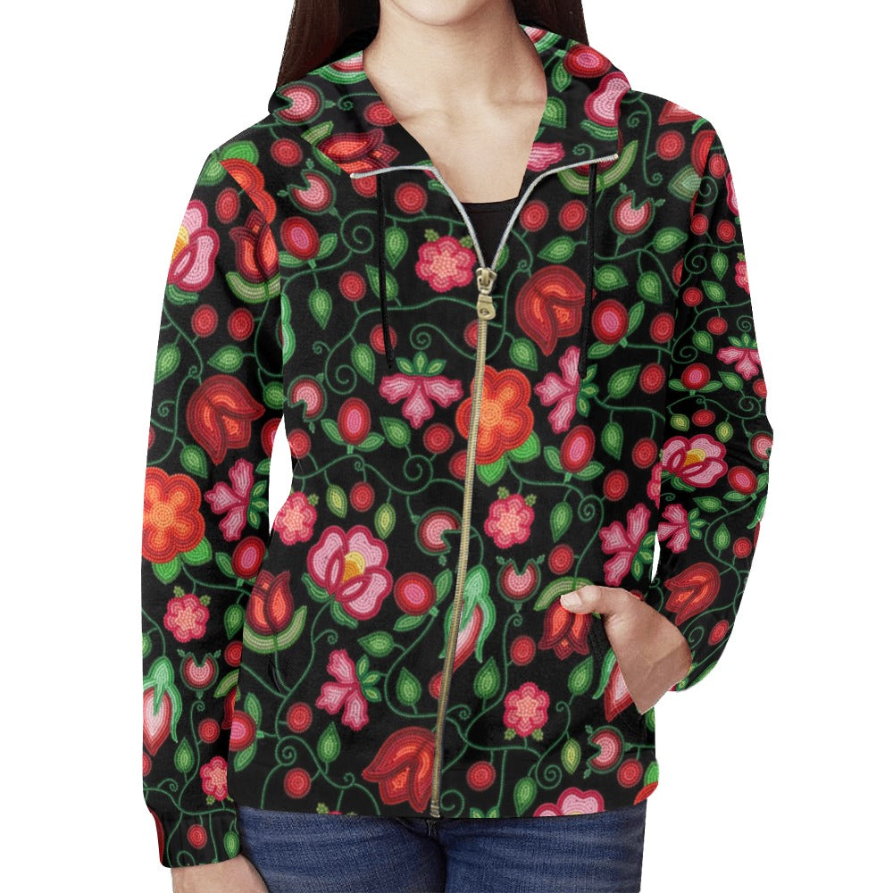 Rose Reverie Black Full Zip Hoodie for Women