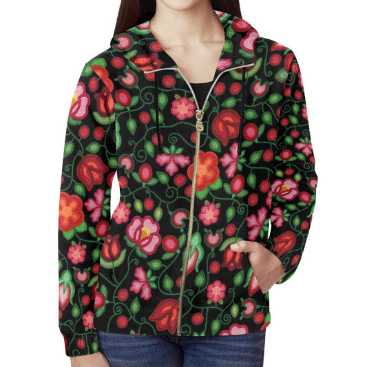 Rose Reverie Black Full Zip Hoodie for Women