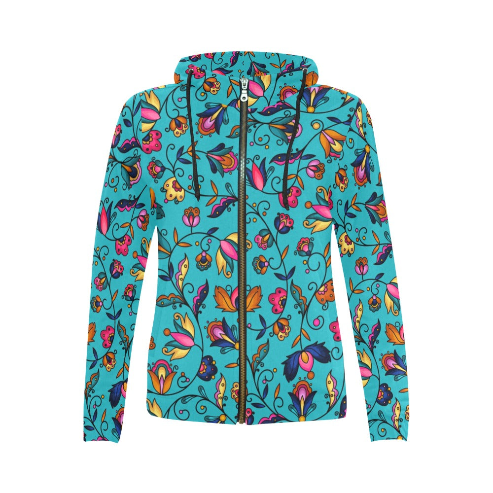 Copper Prairie Petals Turquoise Full Zip Hoodie for Women