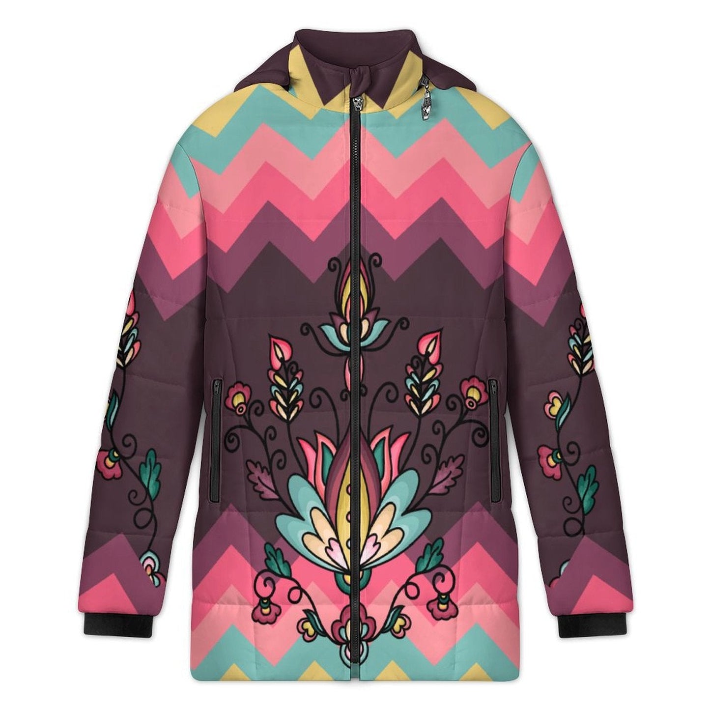 Gold Harvest Bloom Women's Hooded Puffer Coat