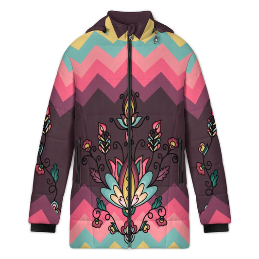 Gold Harvest Bloom Women's Hooded Puffer Coat