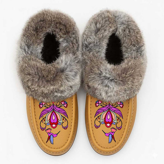 Frosted Leaf Spirit Tan Leather Mottled Fur Moccasin