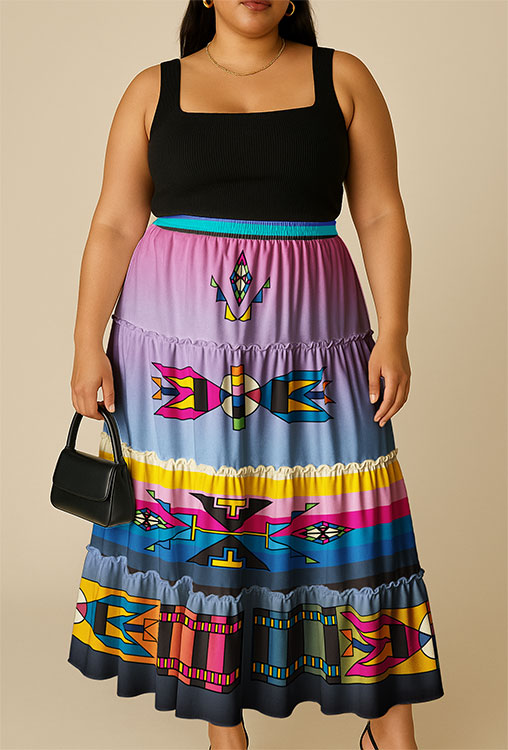 Four Directions Harmony Geometric Three Tier Skirt