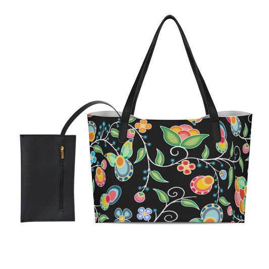 Floral Bounty Black Shopping Tote Bag With Black Mini Purse