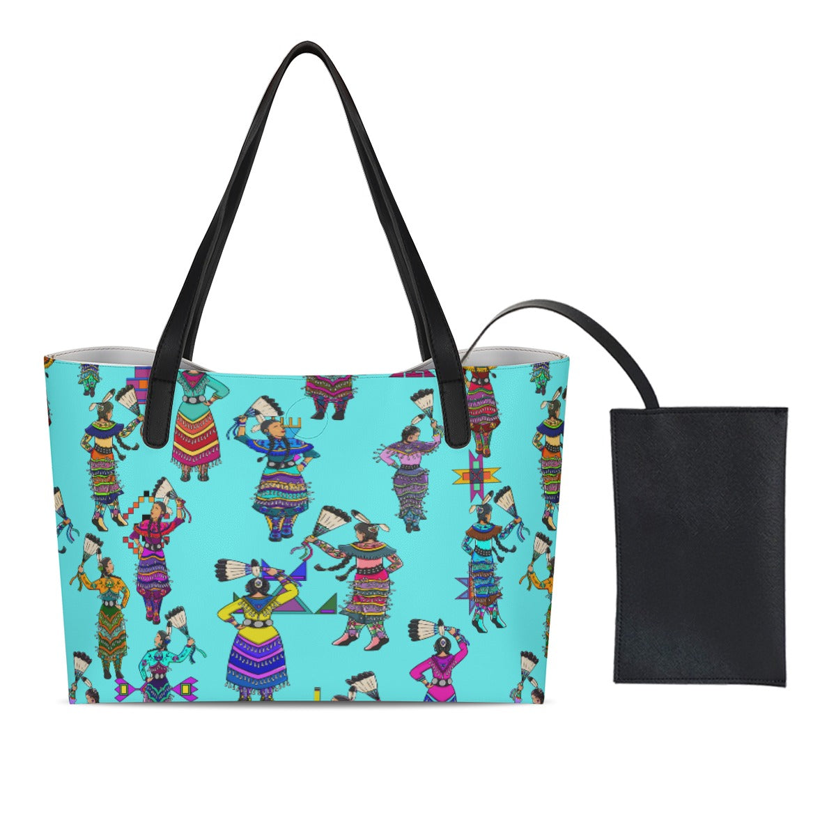 Women's Jingle Dancers Turquoise Shopping Tote Bag With Black Mini Purse