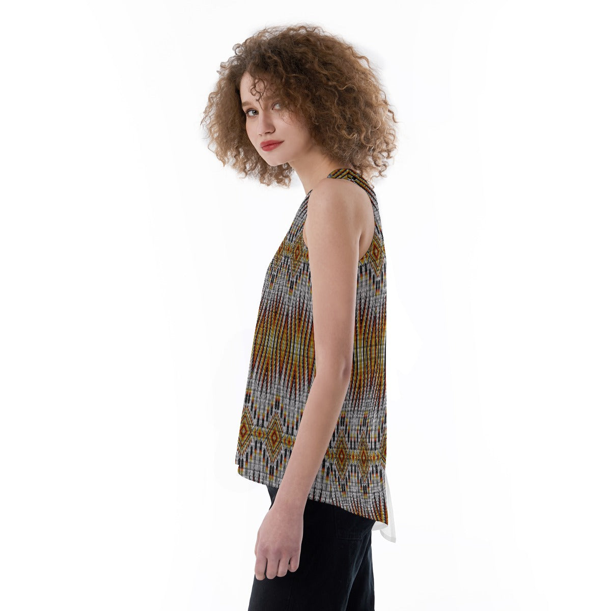 Fire Feather White Split Back Tank Top