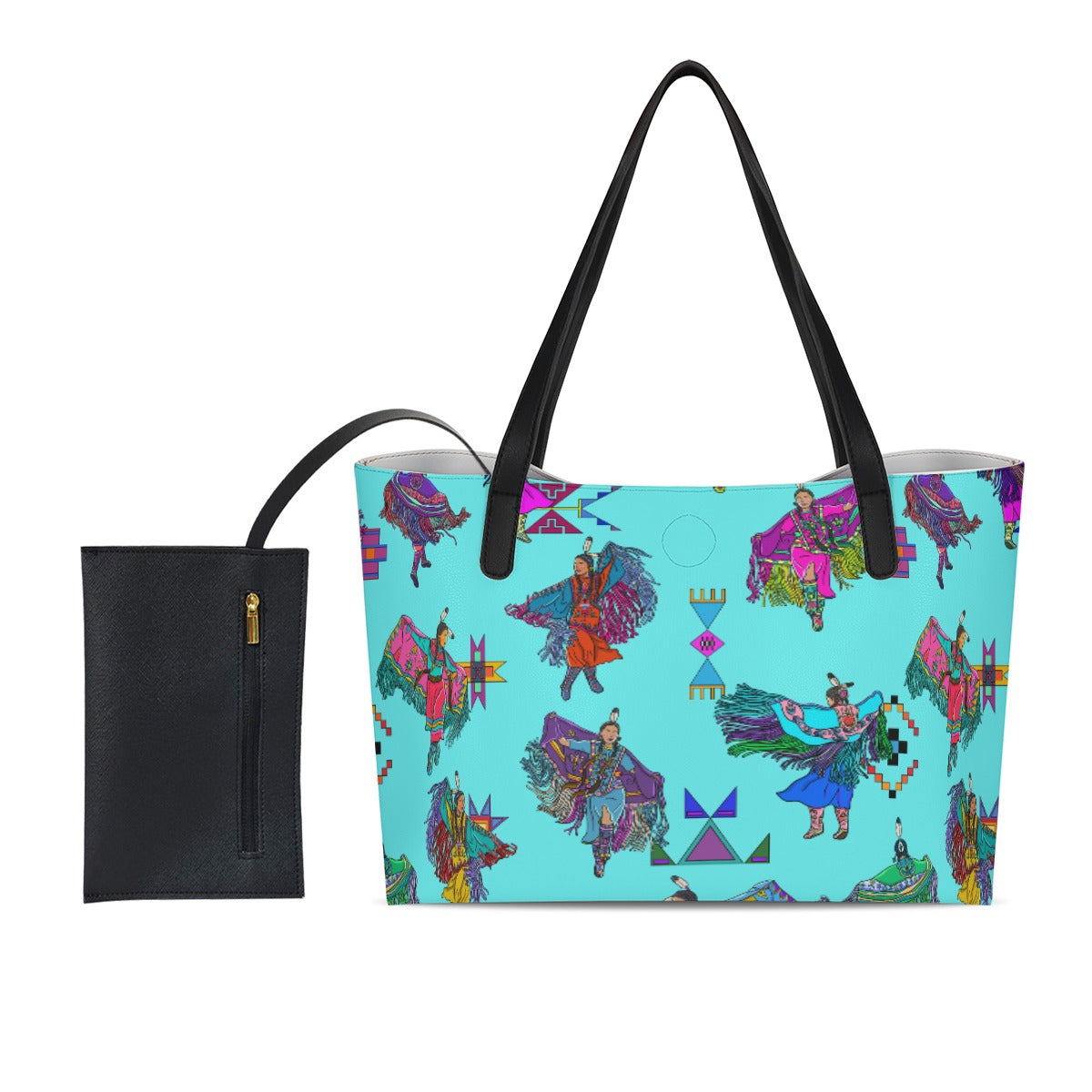 Women's Fancy Dancers Turquoise Shopping Tote Bag With Black Mini Purse