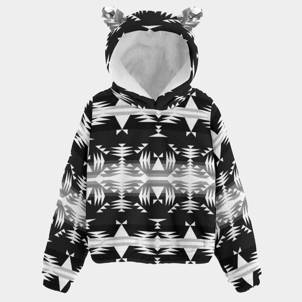 Between the Mountains Black and White Youth Hoodie with Ears