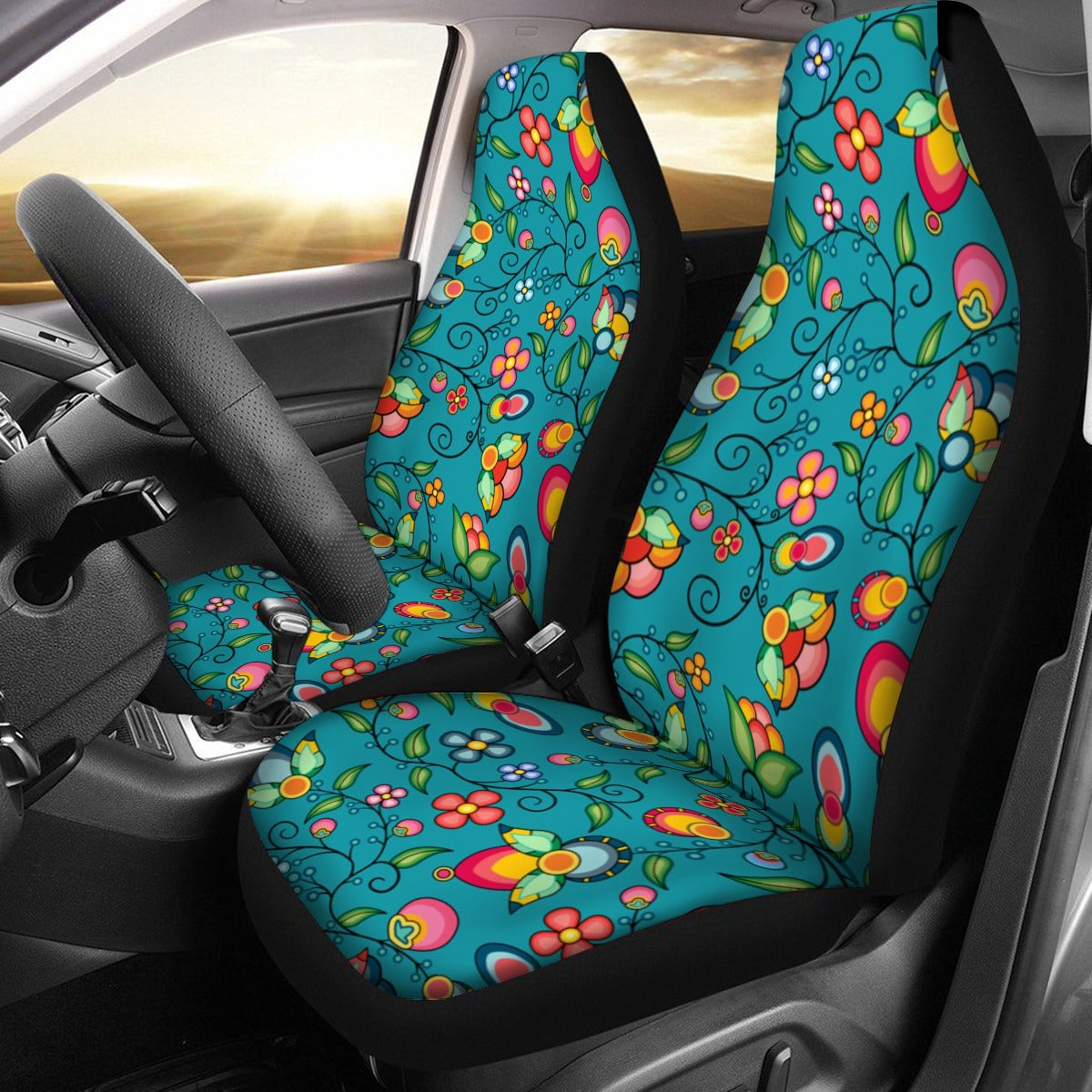 Floral Bounty Teal Universal Car Seat Cover With Thickened Back