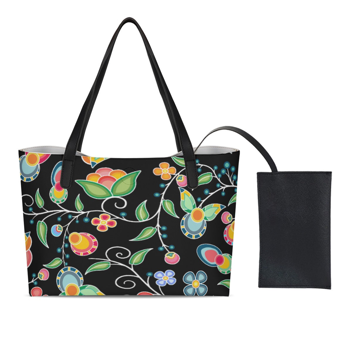 Floral Bounty Black Shopping Tote Bag With Black Mini Purse