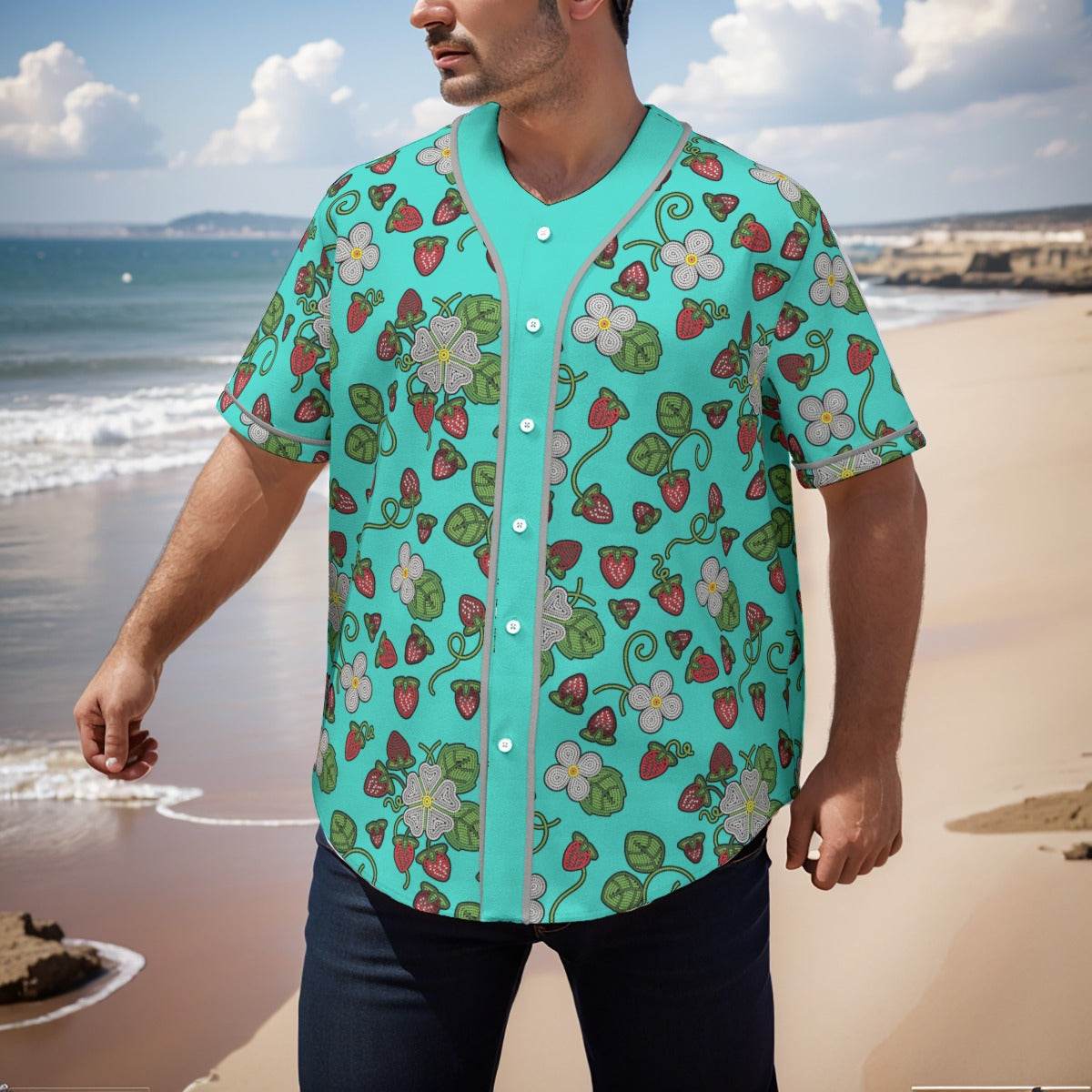 Strawberry Dreams Turquoise Short Sleeve Baseball Jersey