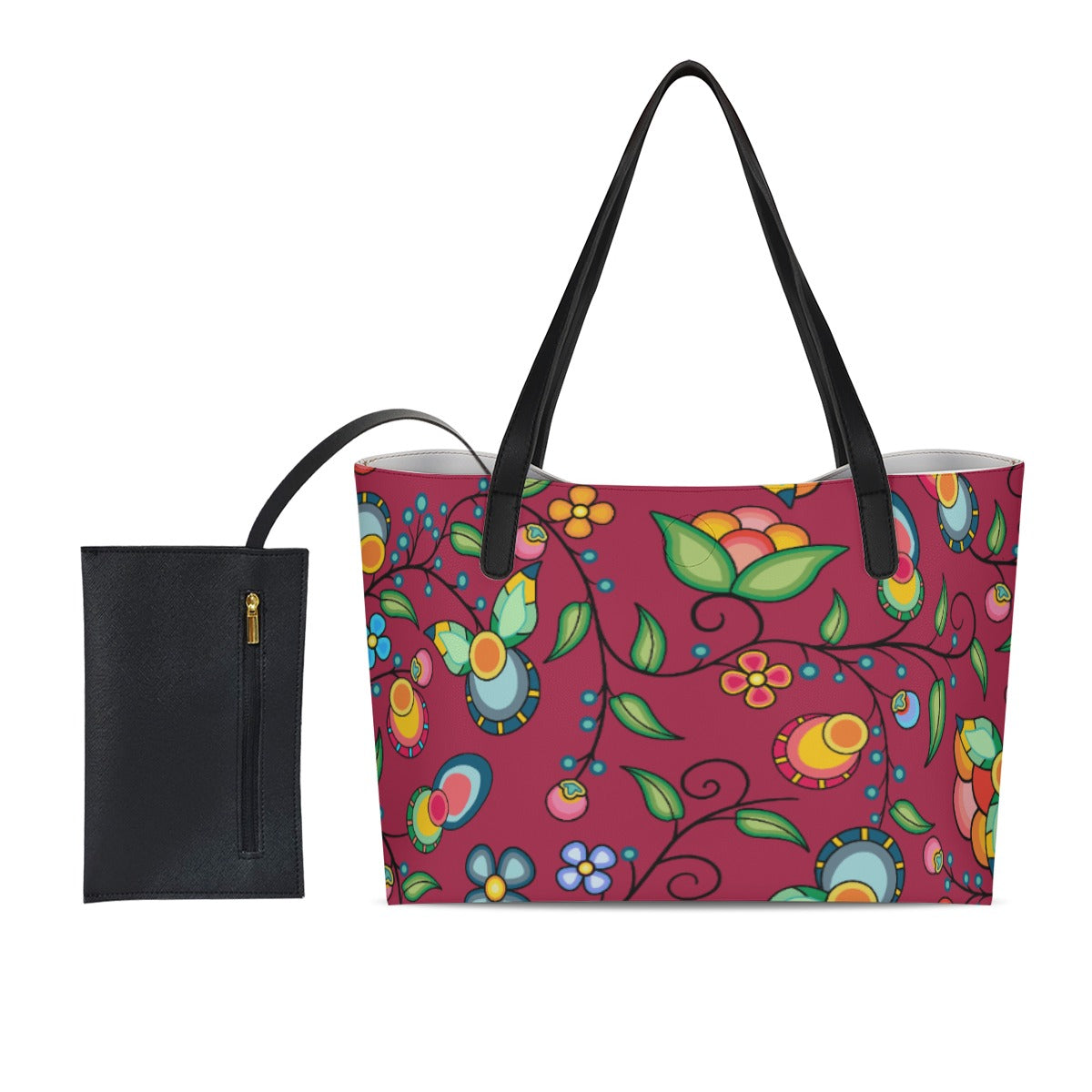 Floral Bounty Magenta Shopping Tote Bag With Black Mini Purse