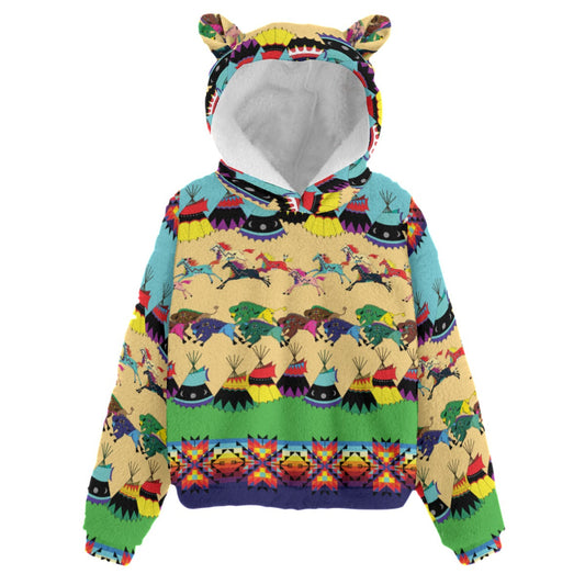 Horses and Buffalo Ledger Blue Kid’s Borg Fleece Hoodie With Ear