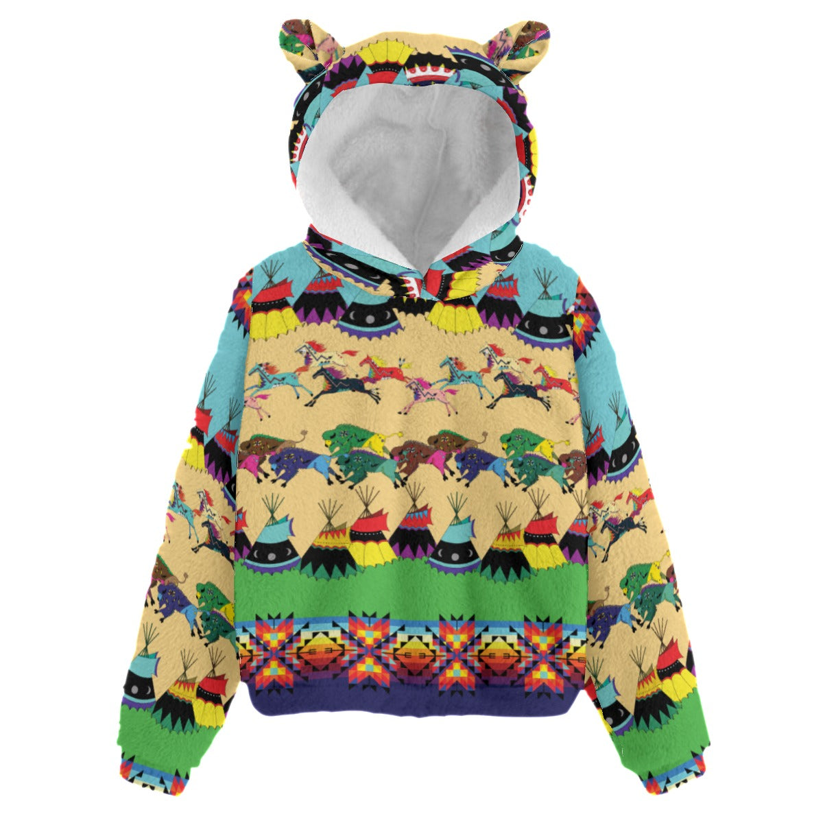 Horses and Buffalo Ledger Youth Hoodie With Ears