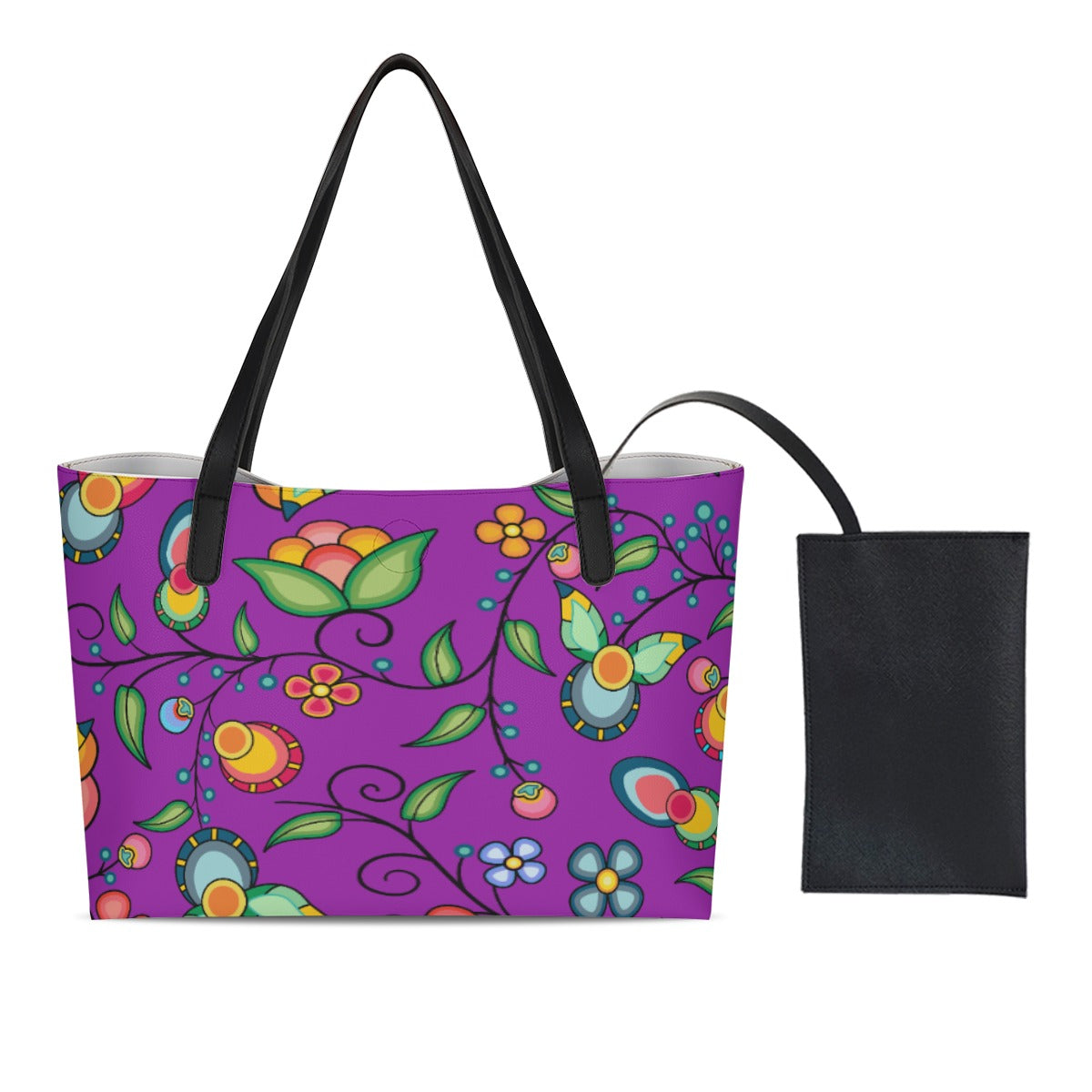 Floral Bounty Purple Shopping Tote Bag With Black Mini Purse