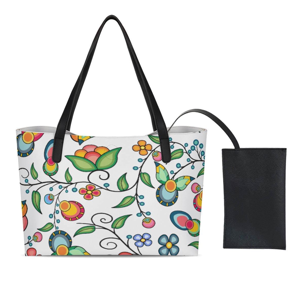 Floral Bounty White Shopping Tote Bag With Black Mini Purse
