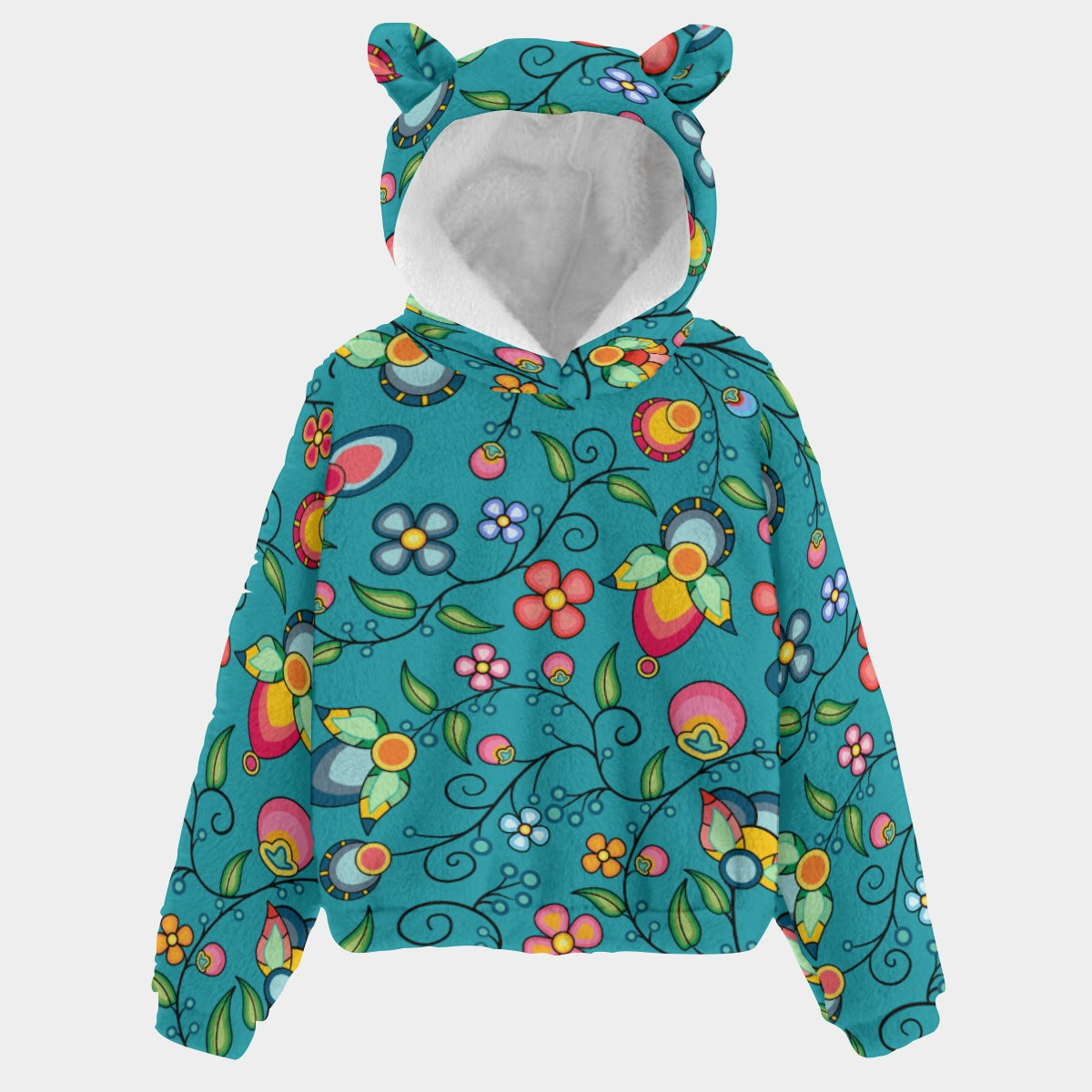 Floral Bounty Teal Youth Hoodie With Ears