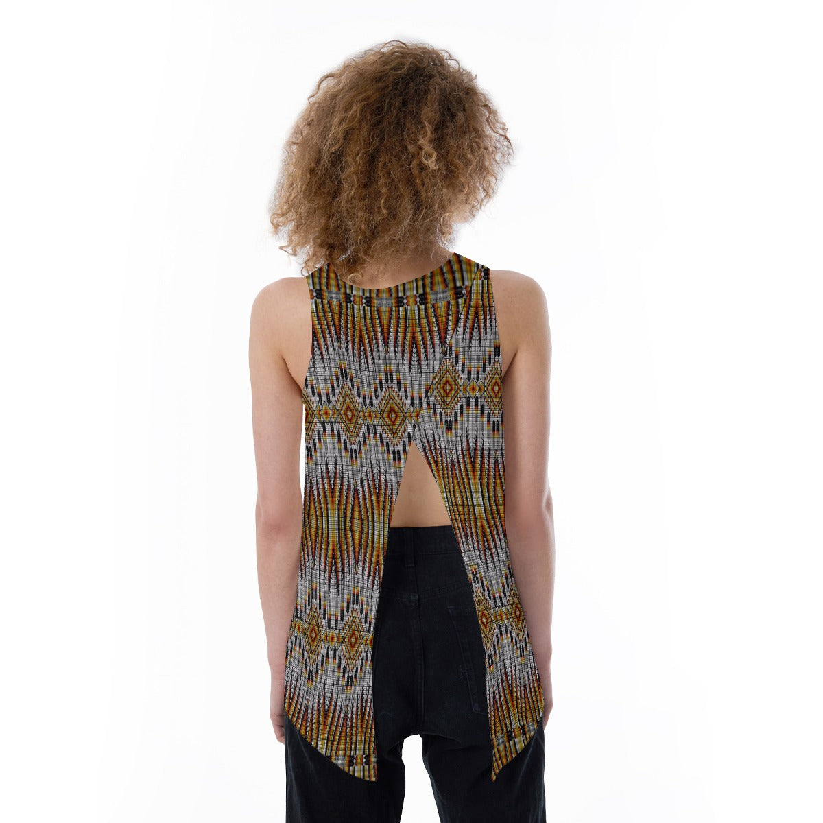 Fire Feather White Split Back Tank Top