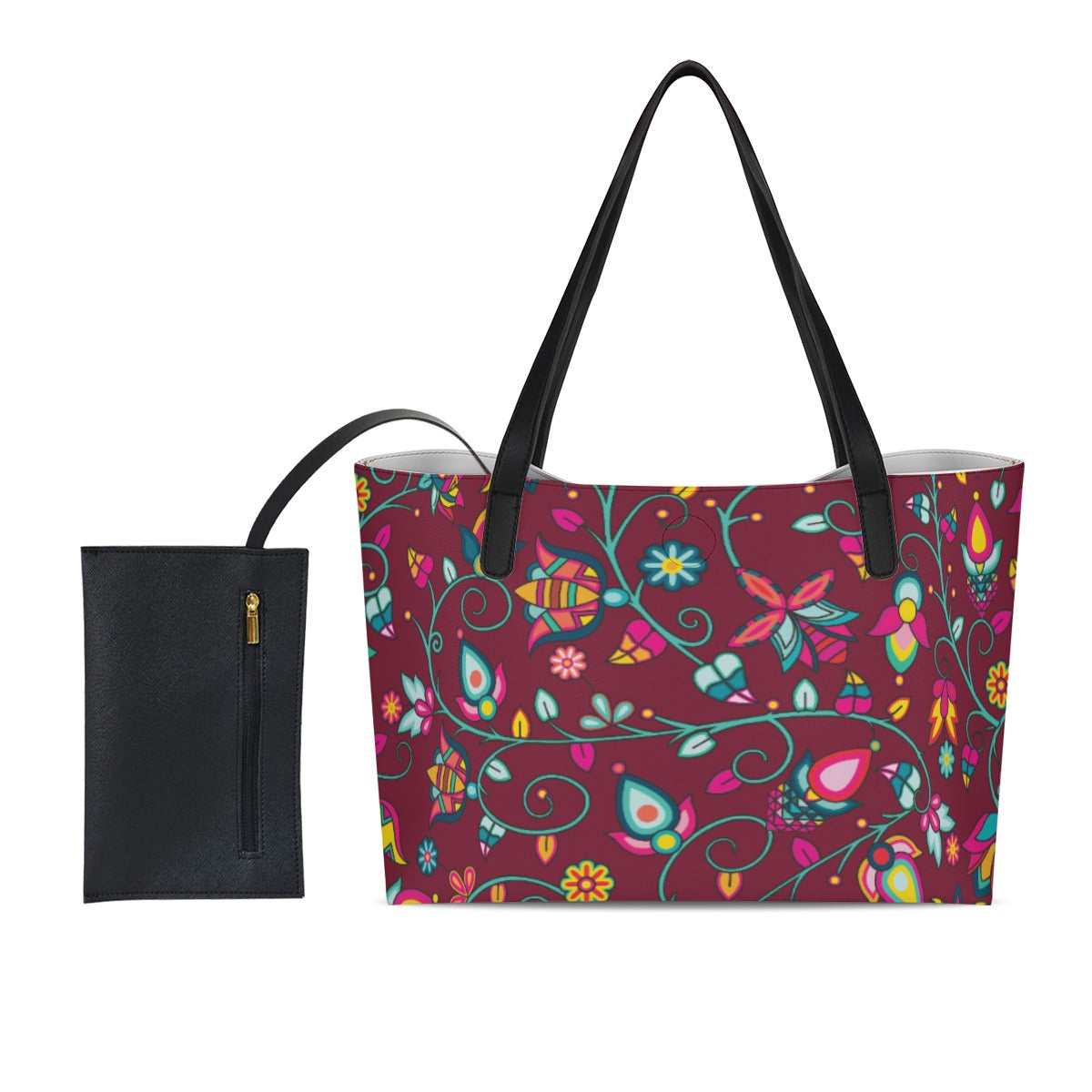 Thorny Path Cranberry Shopping Tote Bag With Black Mini Purse