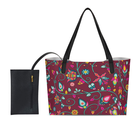 Thorny Path Cranberry Shopping Tote Bag With Black Mini Purse
