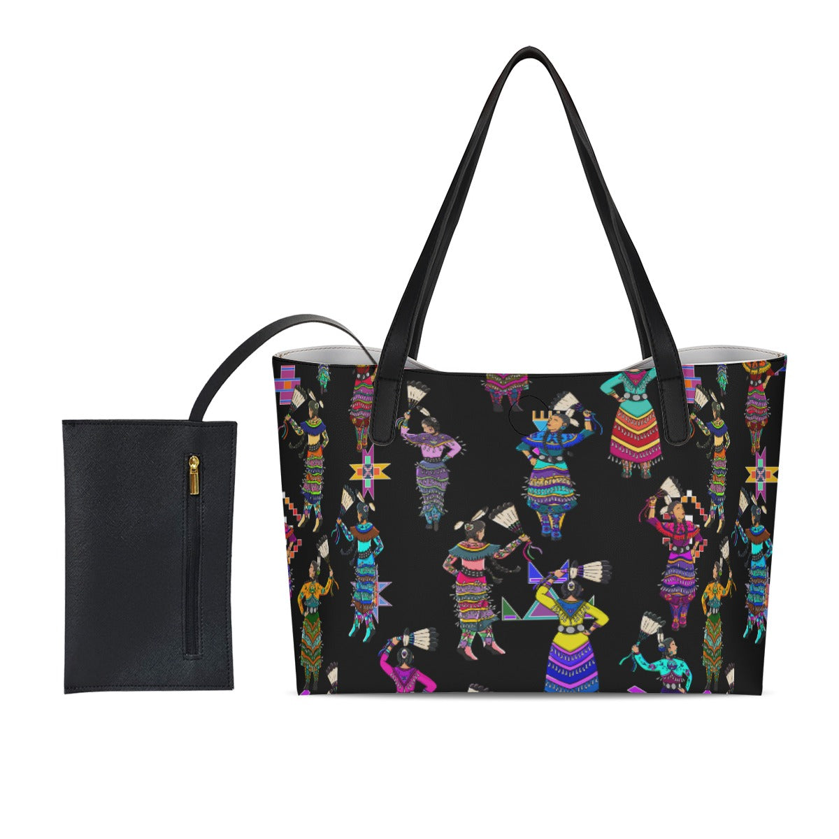 Women's Jingle Dancers Black Shopping Tote Bag With Black Mini Purse