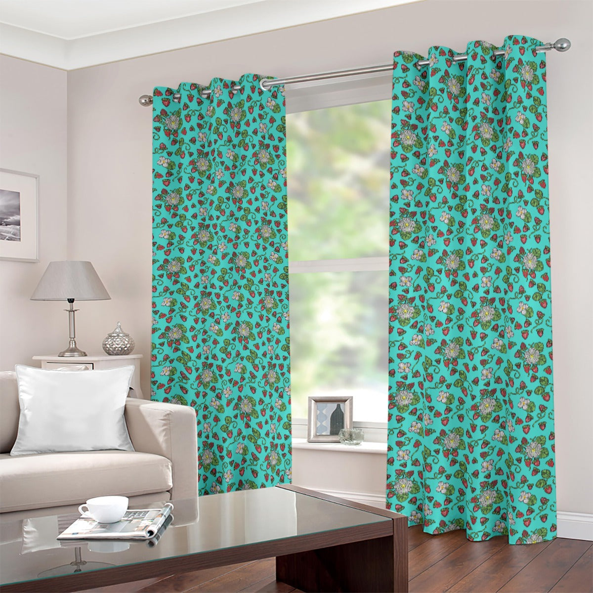 Strawberry Dreams Turquoise Blackout Grommet Curtains