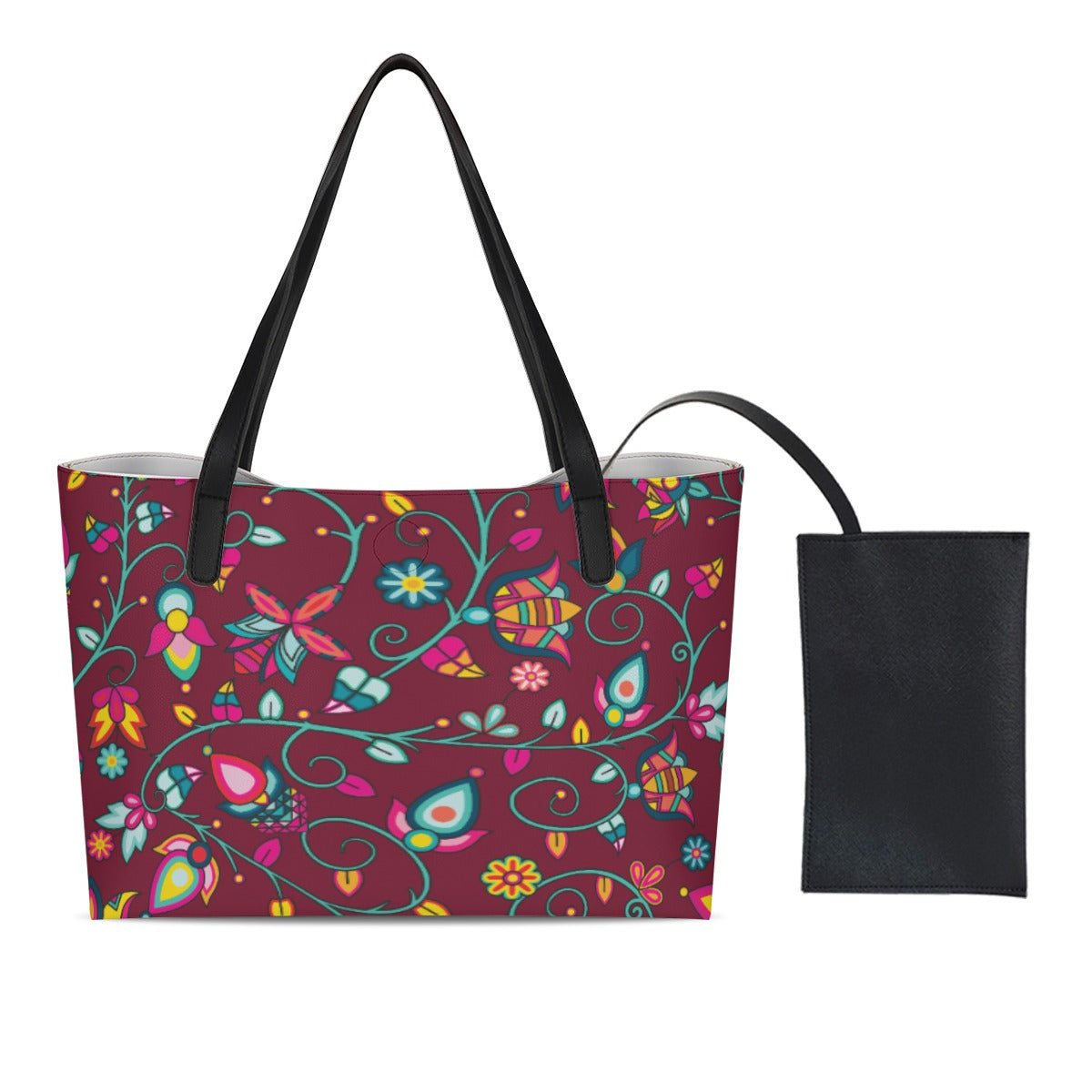 Thorny Path Cranberry Shopping Tote Bag With Black Mini Purse