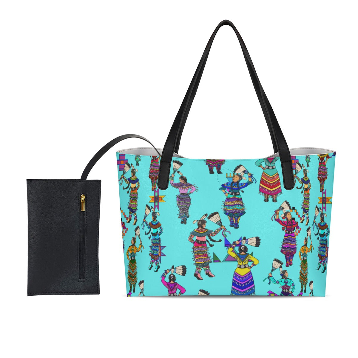 Women's Jingle Dancers Turquoise Shopping Tote Bag With Black Mini Purse