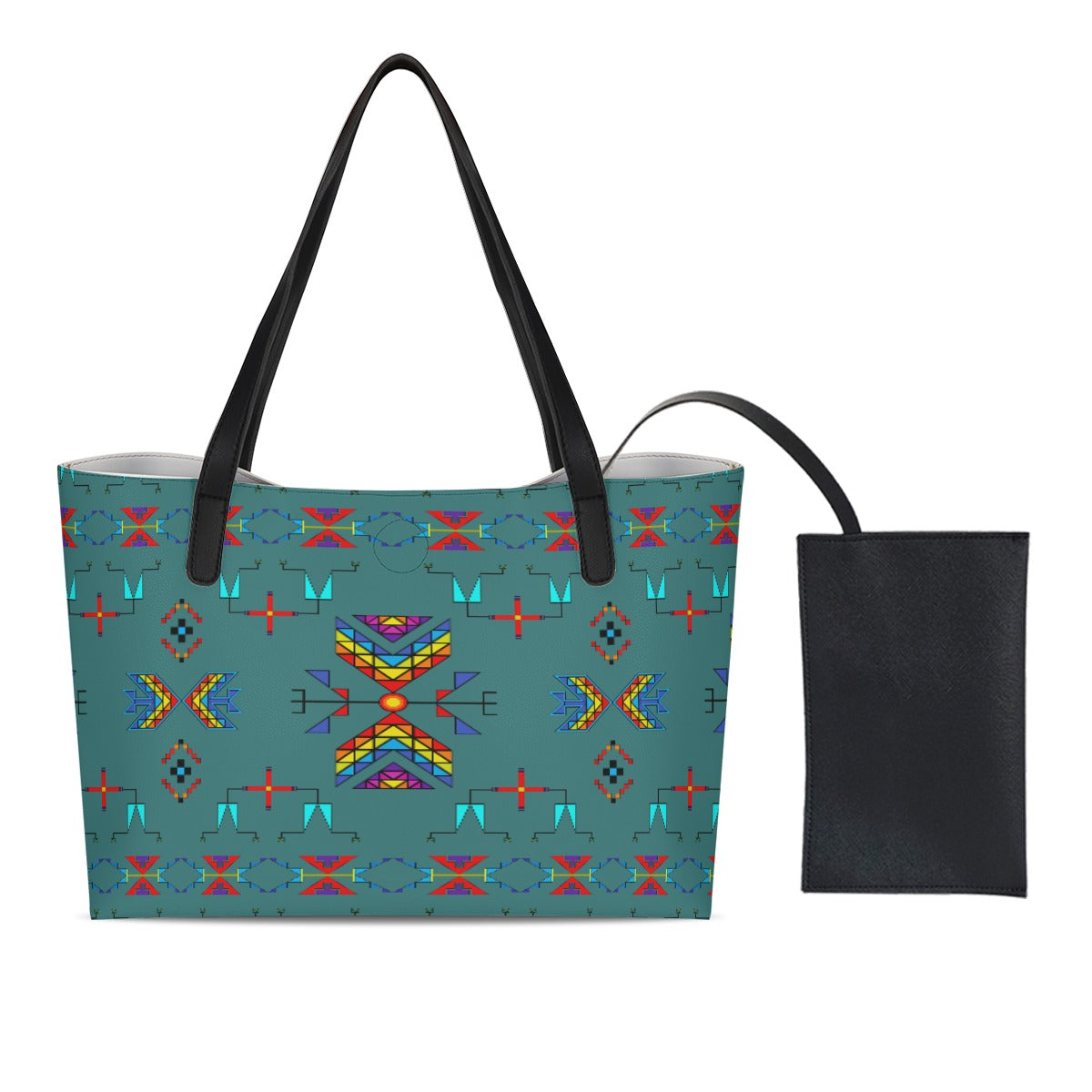 Rainy Chief Rainbow Teal Sky Shopping Tote Bag With Black Mini Purse
