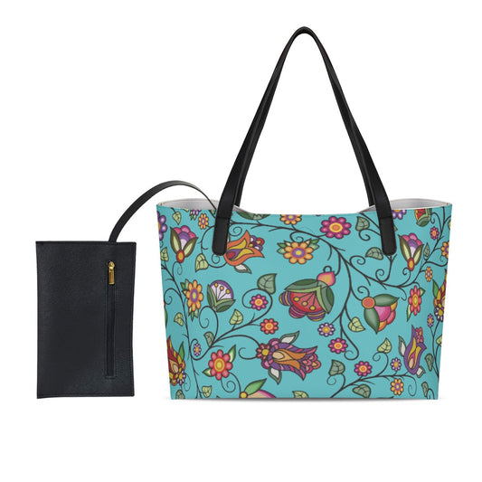 Heartbeat Petals Turquoise Shopping Tote Bag With Black Mini Purse