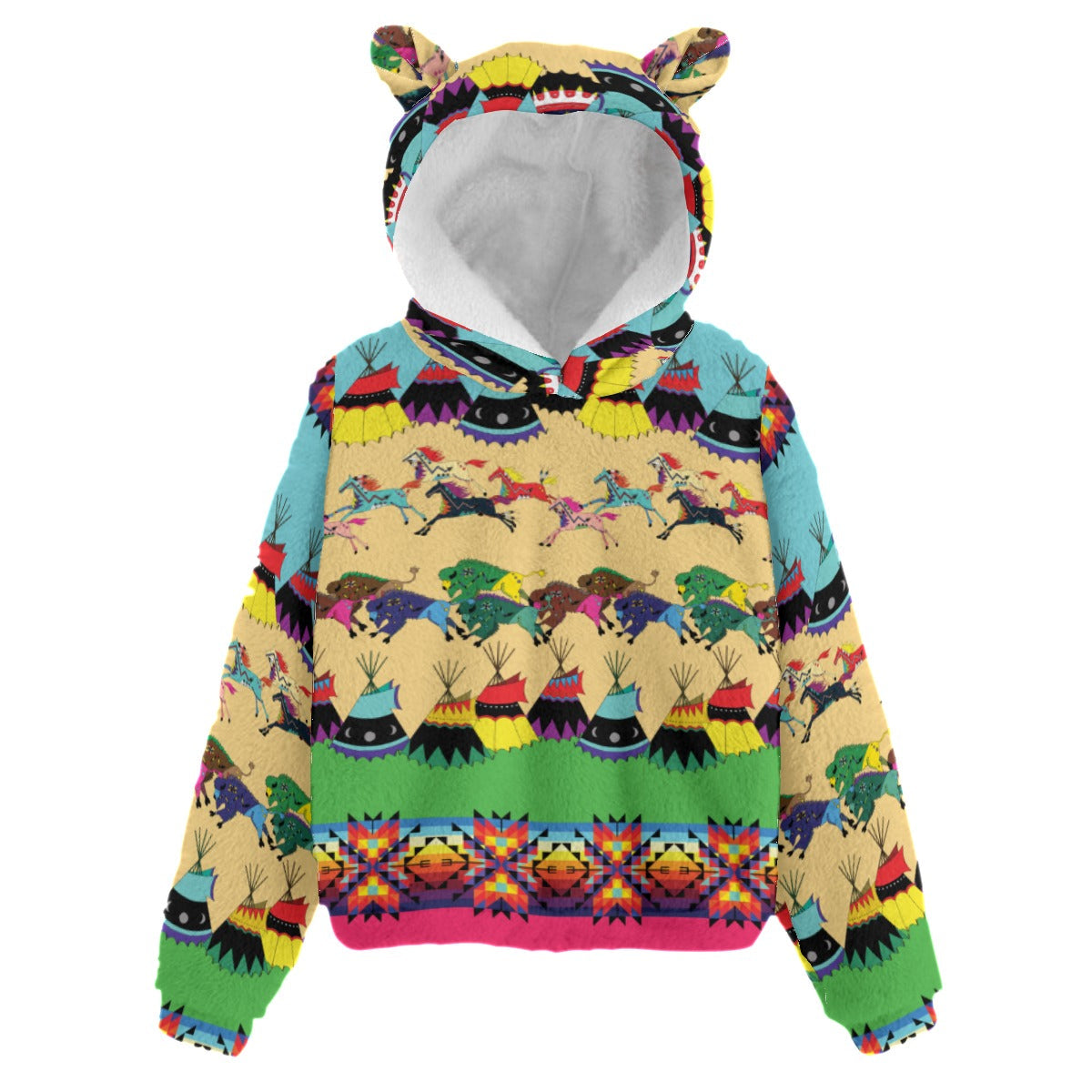 Horses and Buffalo Ledger Pink Kid’s Borg Fleece Hoodie With Ear