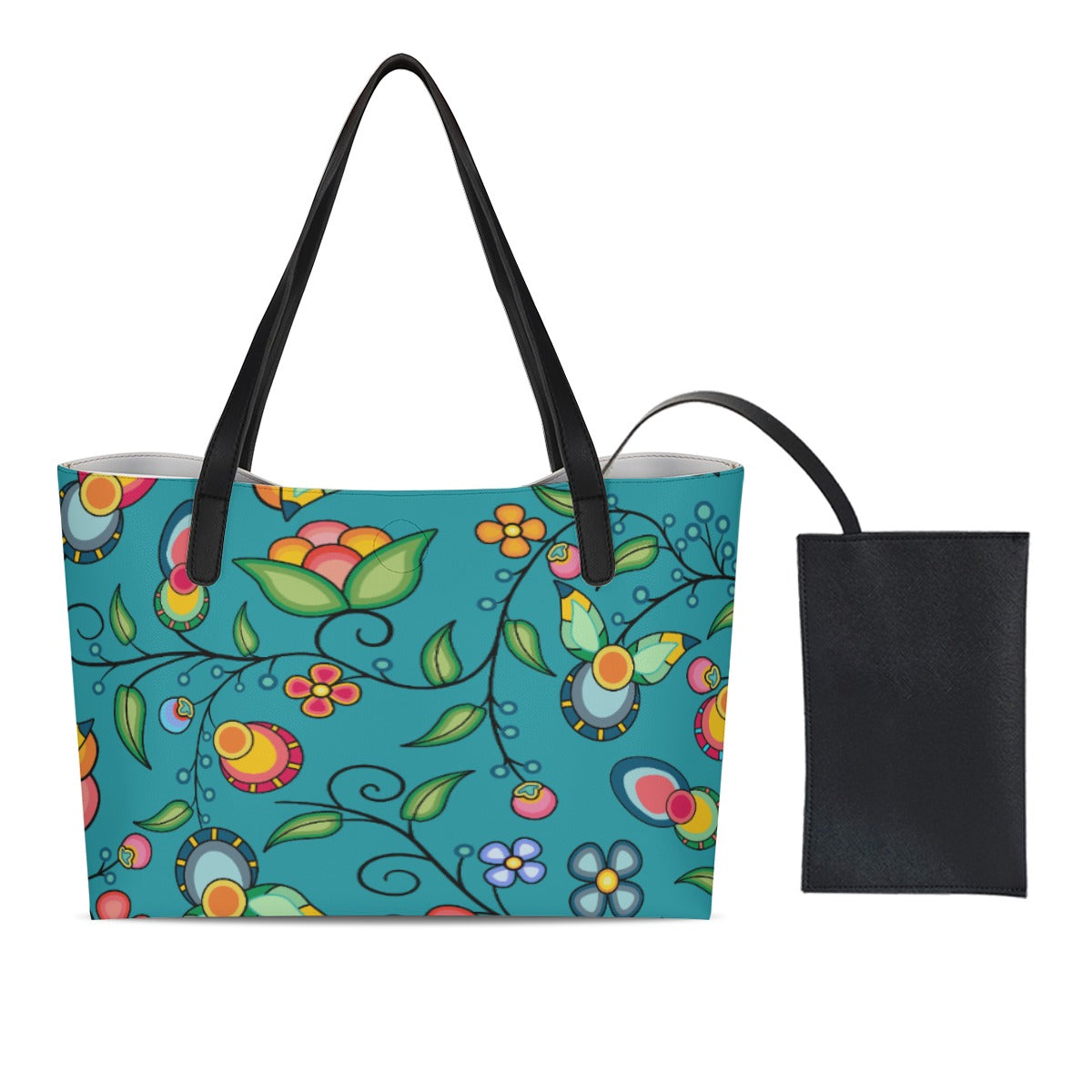 Floral Bounty Teal Shopping Tote Bag With Black Mini Purse