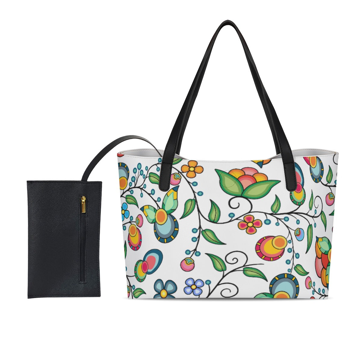 Floral Bounty White Shopping Tote Bag With Black Mini Purse