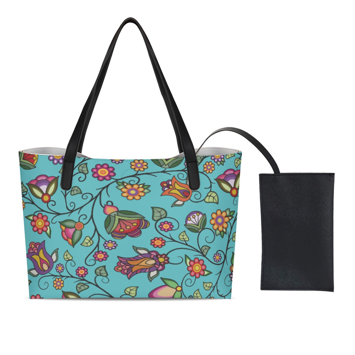 Heartbeat Petals Turquoise Shopping Tote Bag With Black Mini Purse